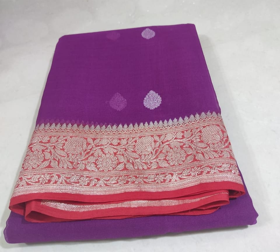 Purple And Red Banarasi Pure Khaddi Chiffon Saree | Peepal Clothing