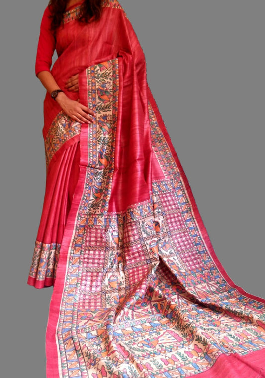 Red Tassar Ghicha Madhubani Hand Painted Saree | Peepal Clothing