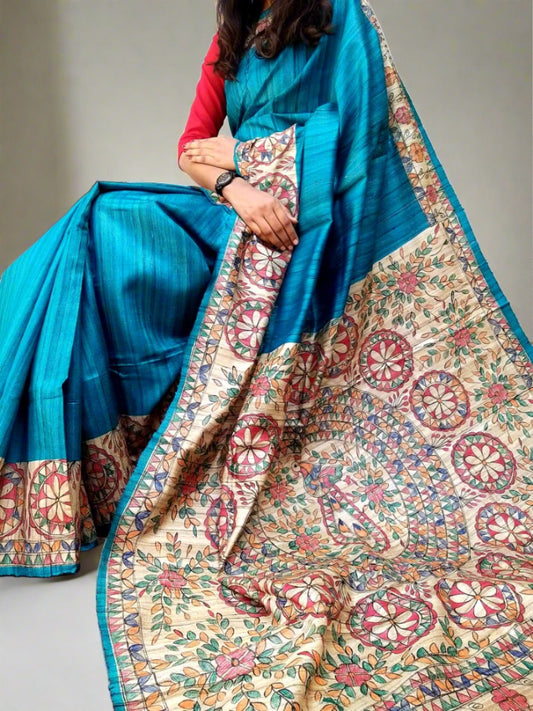 Firozi Tassar Ghicha Madhubani Hand Painted Saree | Peepal Clothing