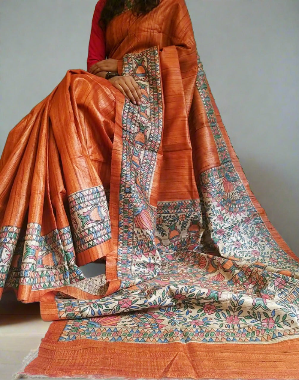 MANMOHANA RADHA KRISHNA' Tussar Silk Saree – MADHUBANI PAINTS BY ASHA JHA