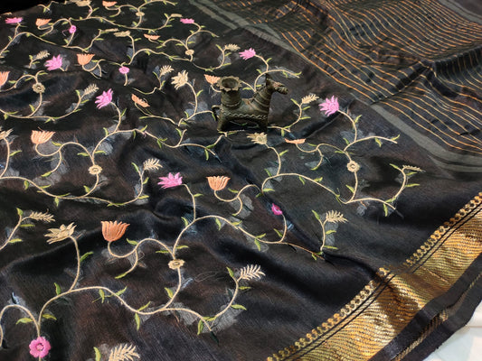 Buy Embroidered Pure Silk Linen Saree at www.peepalclothing.com