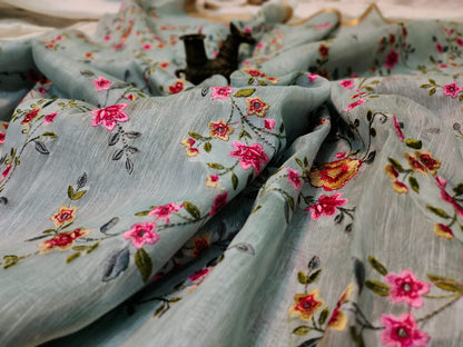 Buy Embroidered Pure Silk Linen Saree at www.peepalclothing.com