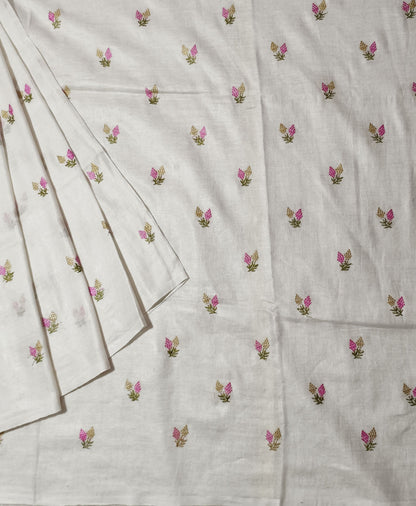 White Embroidered Pure Linen Saree | Peepal Clothing