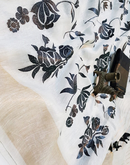 White Embroidered Silk Linen Saree|Peepal Clothing