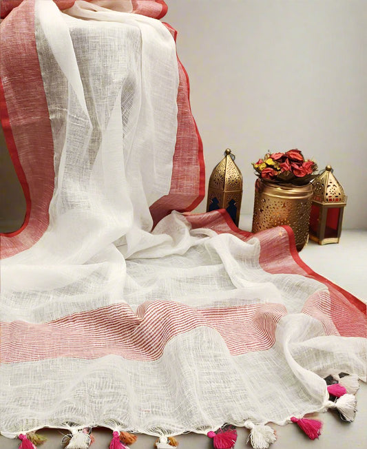 White Pure Linen Dupatta | Peepal Clothing