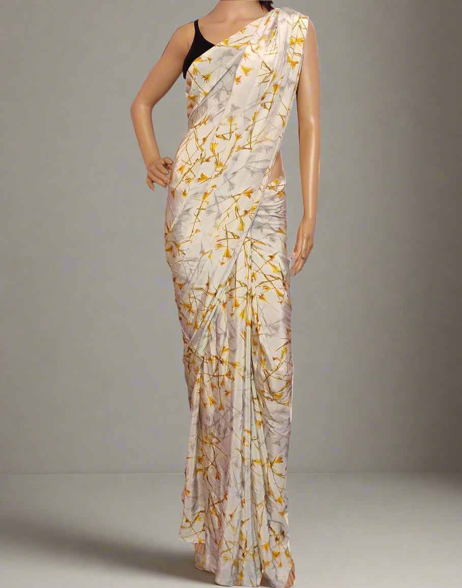 White and Orange Floral Printed Crepe Saree | Peepal Clothing