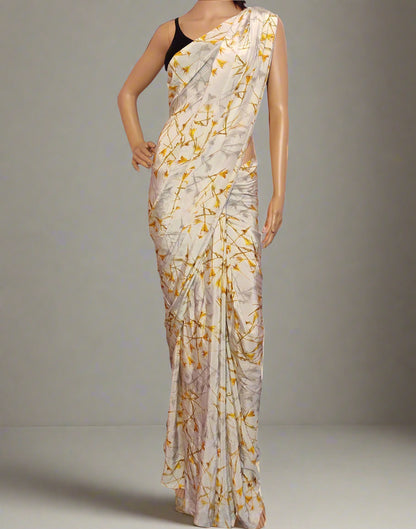 White and Orange Floral Printed Crepe Saree | Peepal Clothing