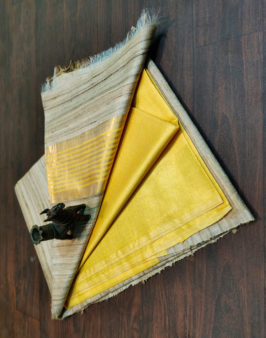 Yellow-Natural Korean Tussar Ghicha Silk Saree| Peepal Clothing