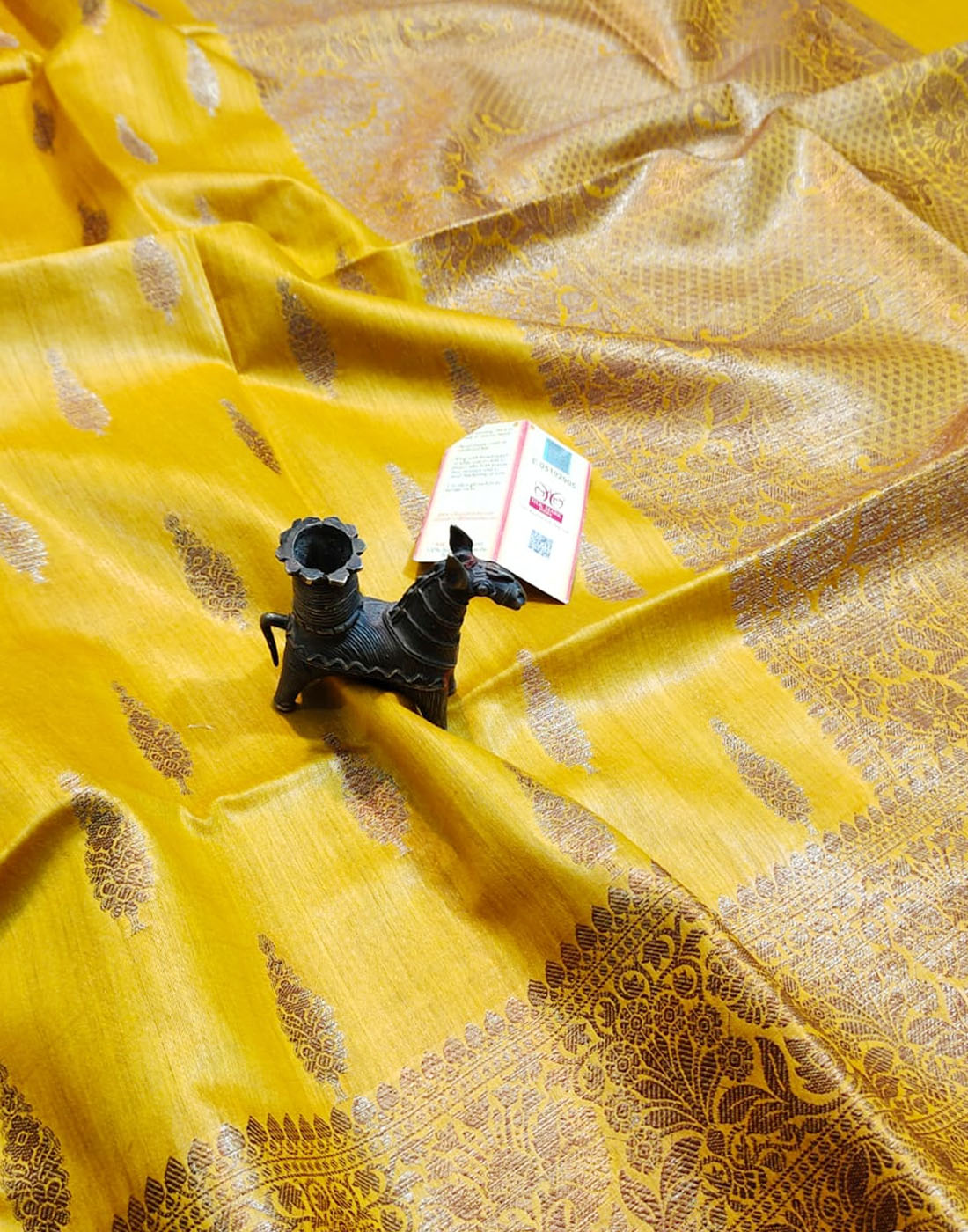Yellow Buta Motif Tussar Munga Silk Saree with Zari Border | Peepal Clothing