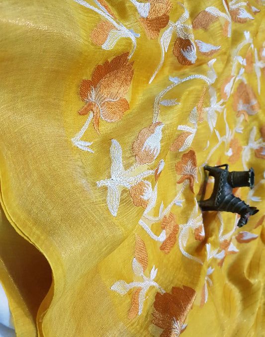 Yellow Embroidered Silk Linen Saree|Peepal Clothing