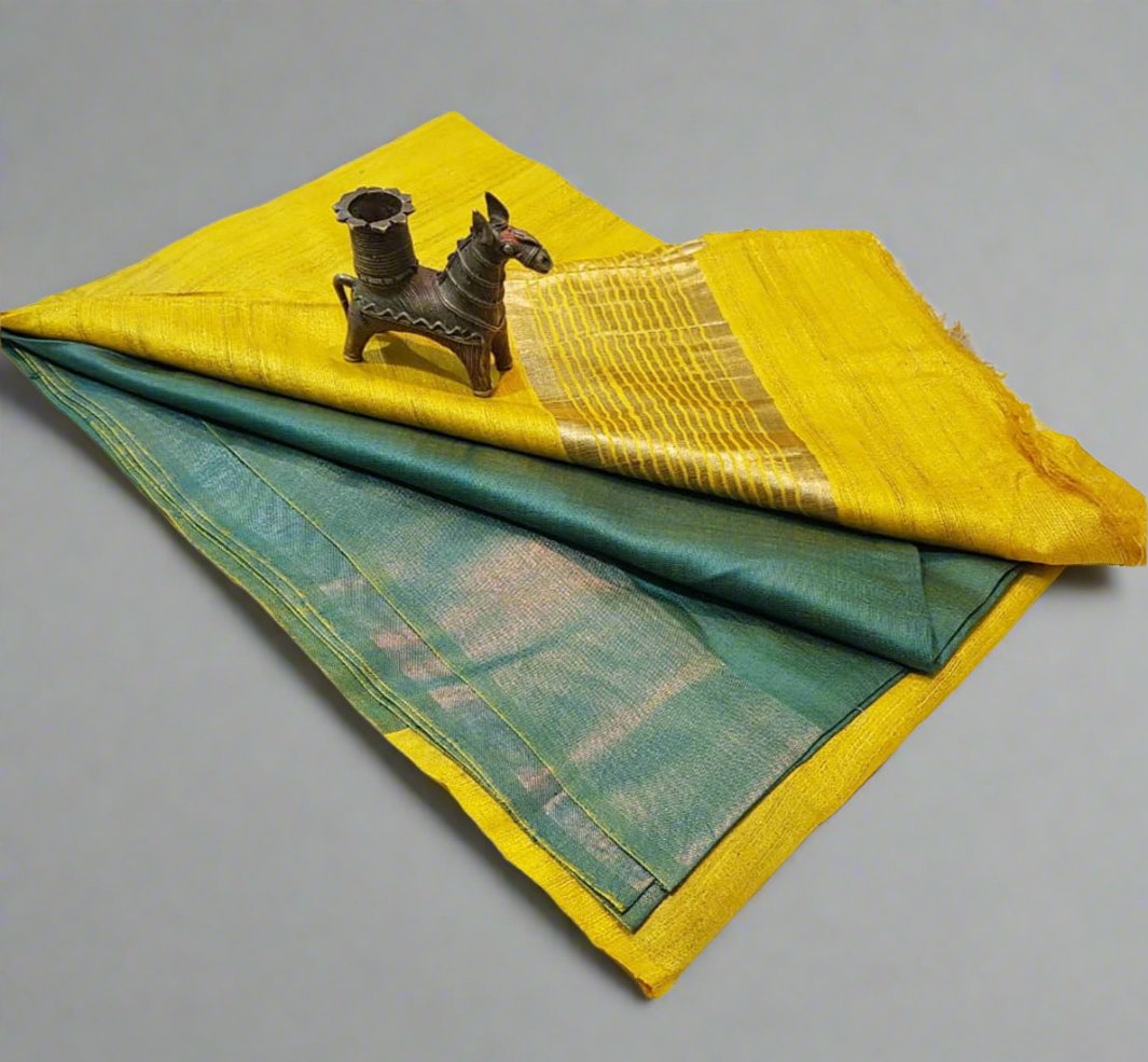 Yellow Korean tussar ghicha pallu saree with staple body and Zari border| Peepal Clothing