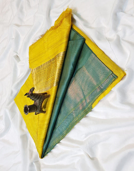 Yellow Korean tussar ghicha pallu saree with staple body and Zari border| Peepal Clothing