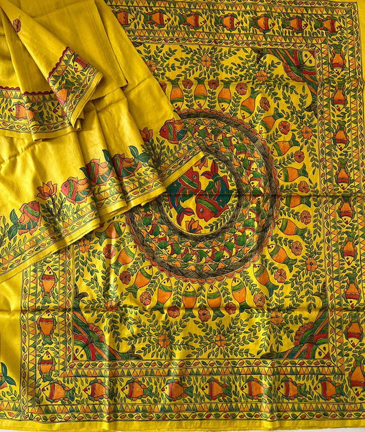 Yellow Madhubani hand painted Ghicha Tussar Silk Saree |Peepal Clothing