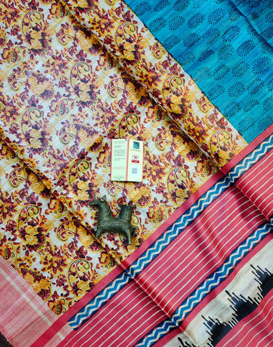 Yellow Paisley Printed Tussar Ghicha Silk Saree| Peepal Clothing