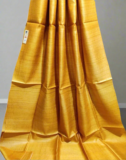 Yellow Pure Desi Tussar Plain Silk Saree| Peepal Clothing