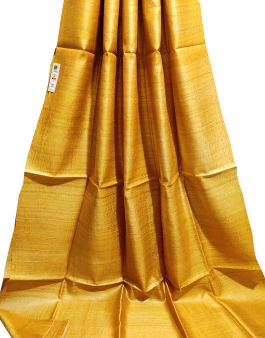 Yellow Pure Desi Tussar Plain Silk Saree| Peepal Clothing