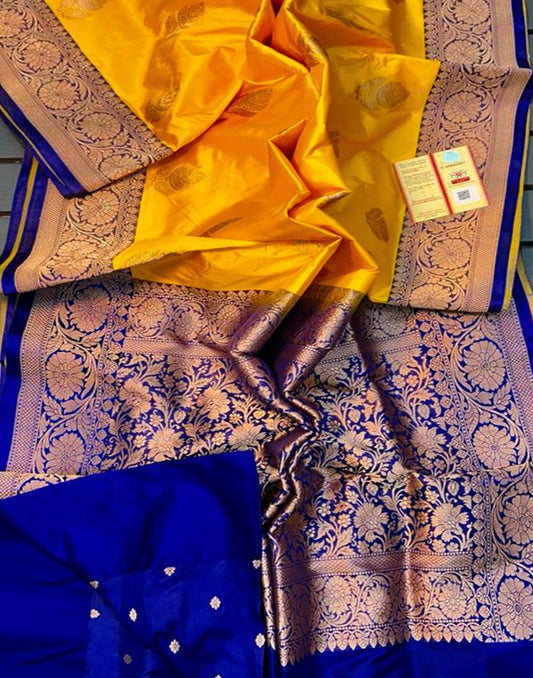 Yellow Pure Katan Silk Saree Featuring Weaved Buta