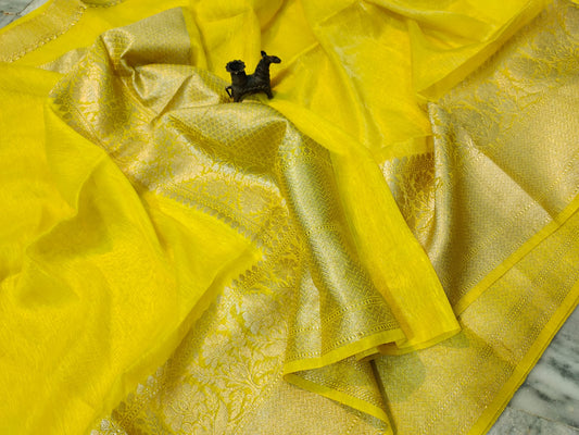 Yellow Pure Silk Linen Banarasi Saree - Pipal Clothing
