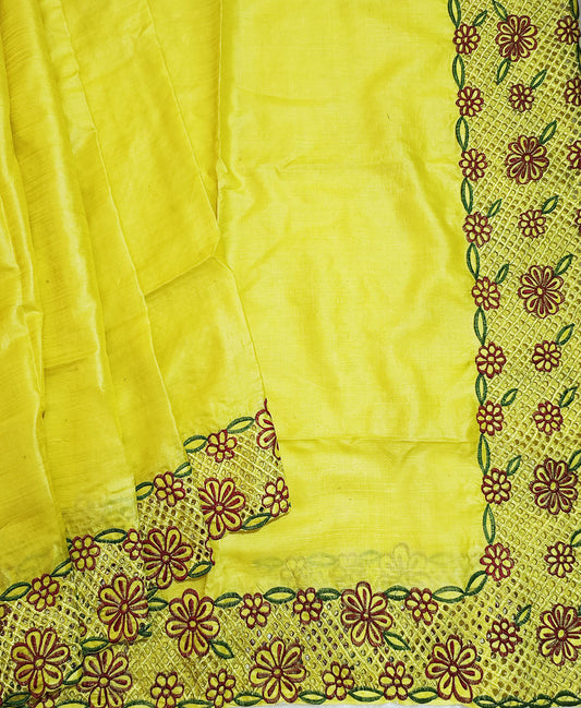 Yellow Cutwork Tussar Silk Saree | Peepal Clothing