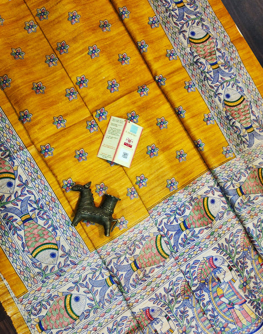 Yellow Tussar Ghicha Madhubani Buta Printed Silk Saree| Peepal Clothing