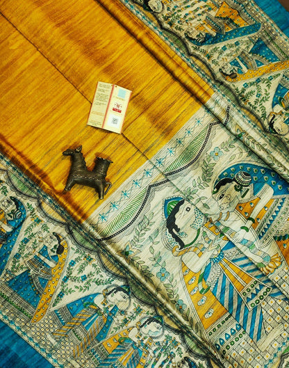 Yellow Tussar Ghicha Madhubani Printed Silk Saree| Peepal Clothing
