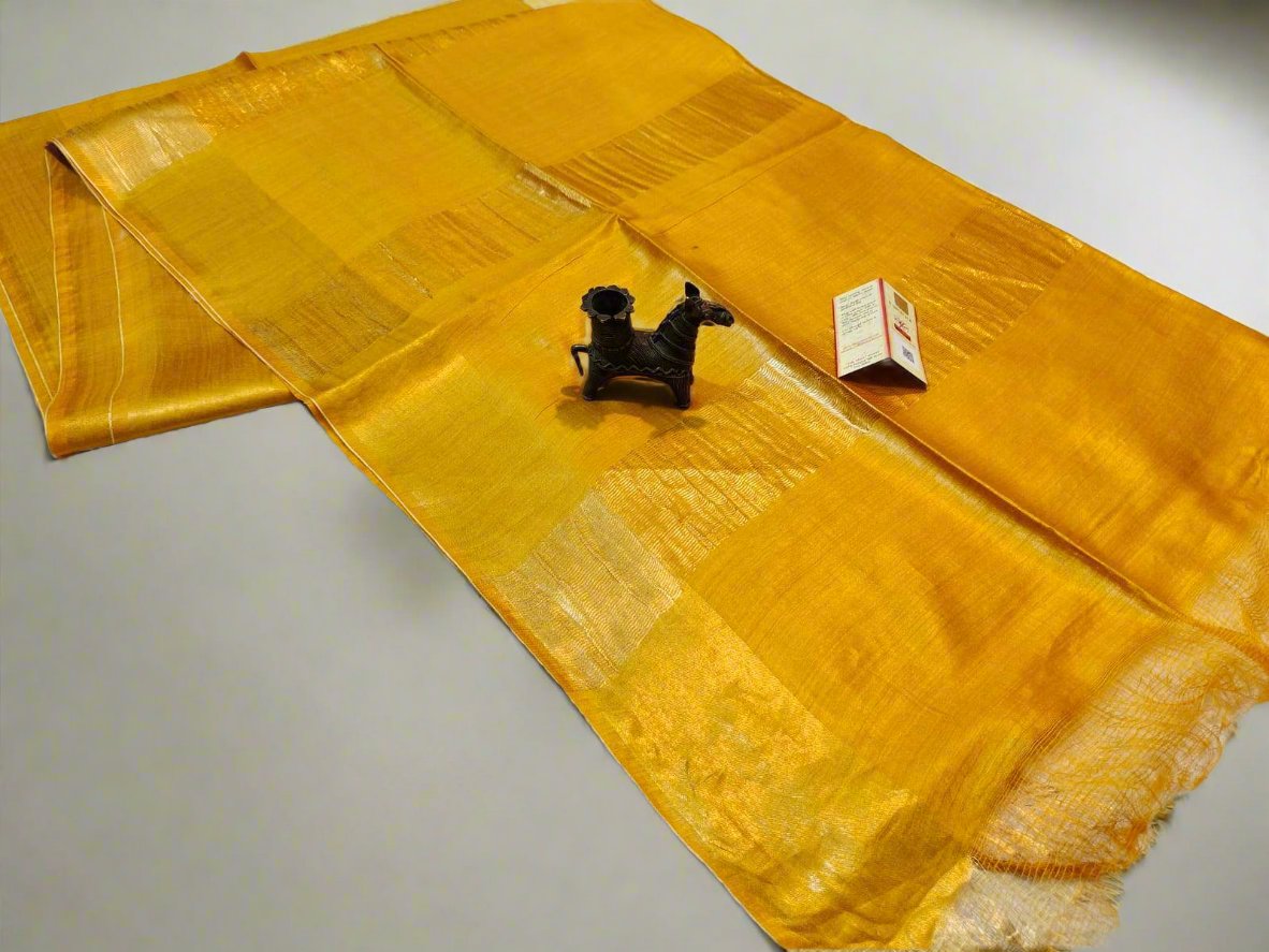 Buy Yellow Tussar Munga Zari Border Saree
