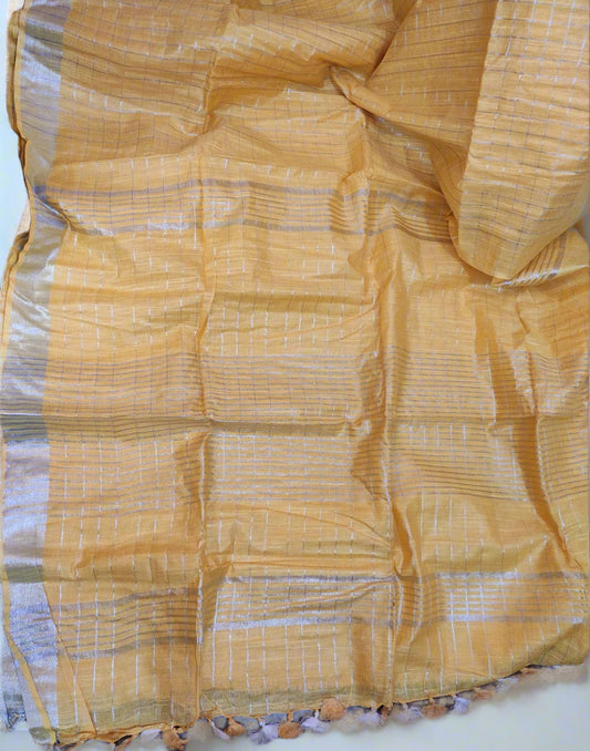 Yellow Zari check Cotton-art silk Saree | Peepal Clothing
