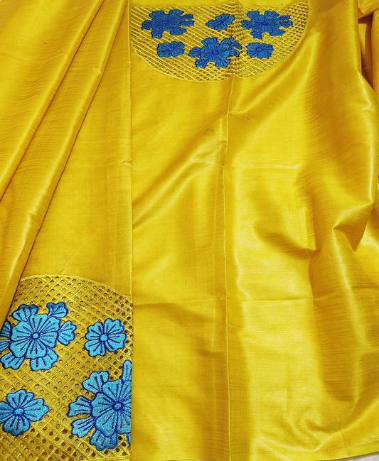 Yellow and Blue Cutwork Tussar Silk Saree | Peepal Clothing