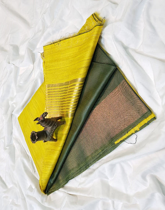 Yellow and Grey Korean tussar ghicha pallu saree with staple body and Zari border| Peepal Clothing