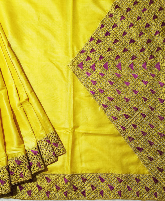 Yellow and Magenta Cutwork Tussar Silk Saree | Peepal Clothing