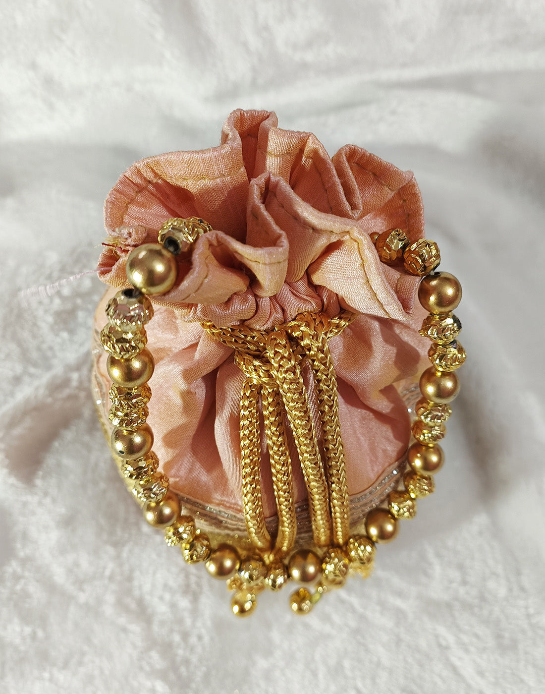 Zari Lace Embellished Peach Potli | Peepal Clothing