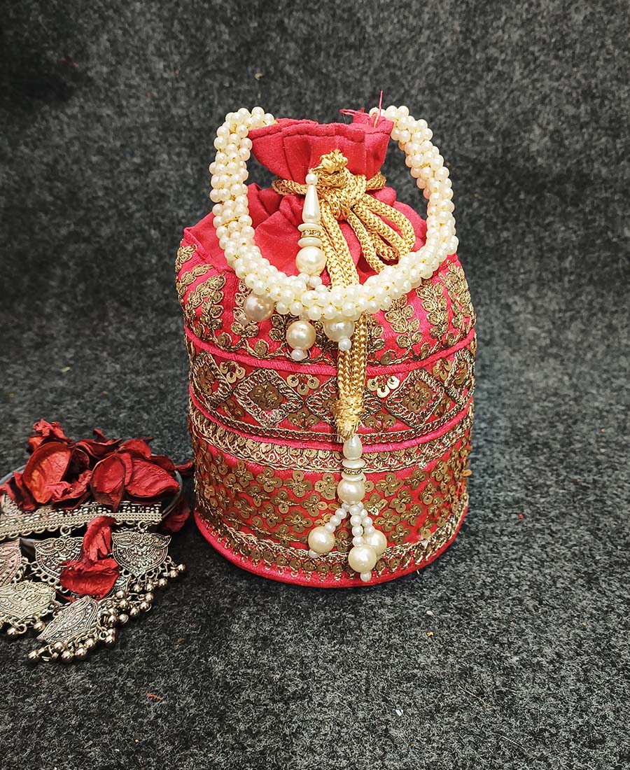 Zari and Sequin Embellished Coral Potli | Peepal Clothing