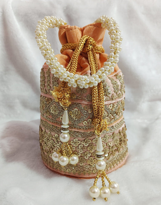 Zari & Sequin Embellished Peach Potli | Peepal Clothing