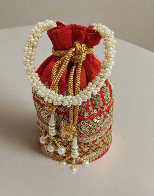 Zari & Sequin Embellished Red Potli | Peepal Clothing