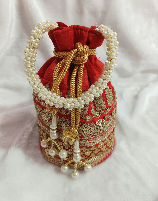 Zari & Sequin Embellished Red Potli | Peepal Clothing