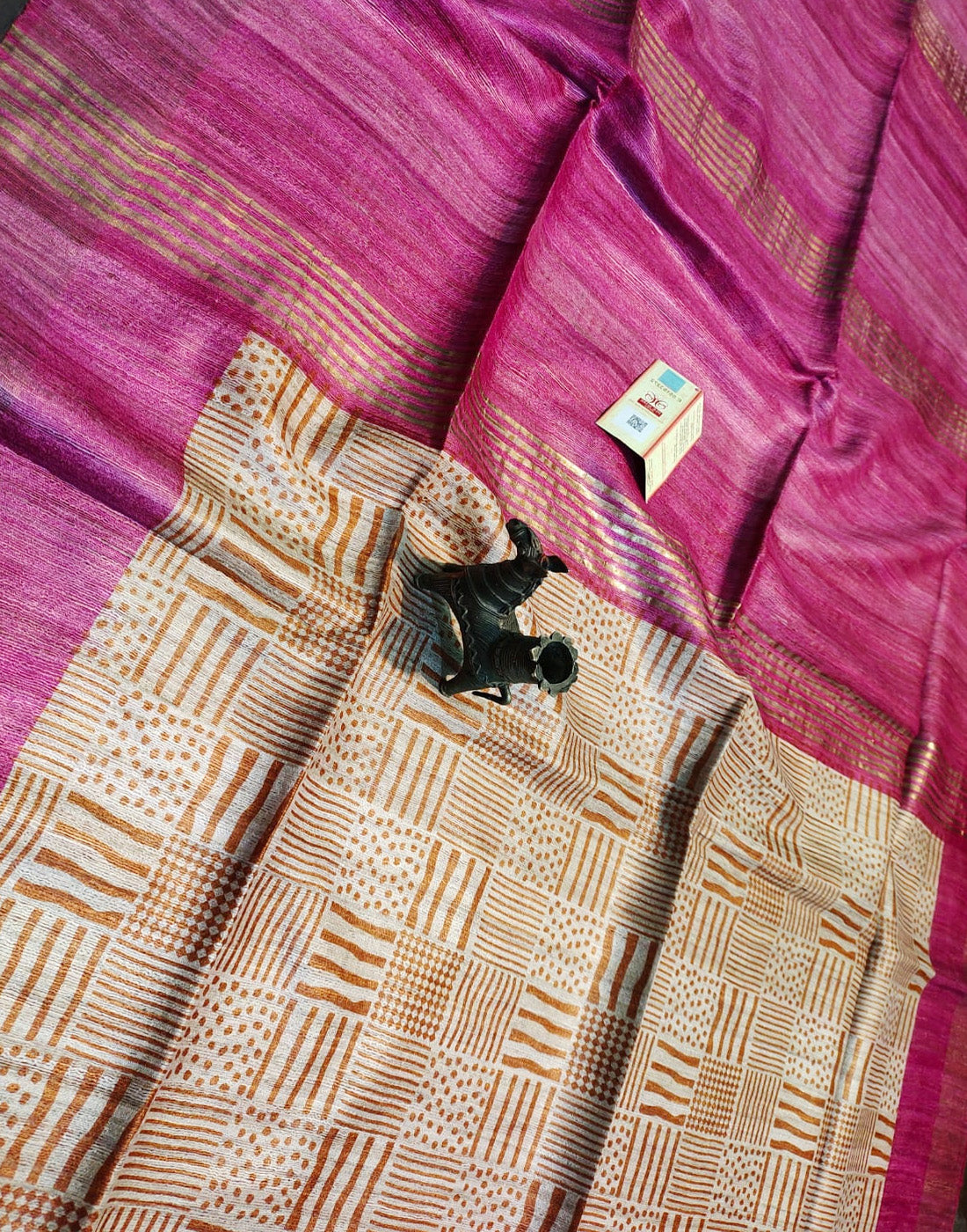 Zig-Zag Printed Tussar Ghicha Silk Saree with Zari Border| Peepal Clothing