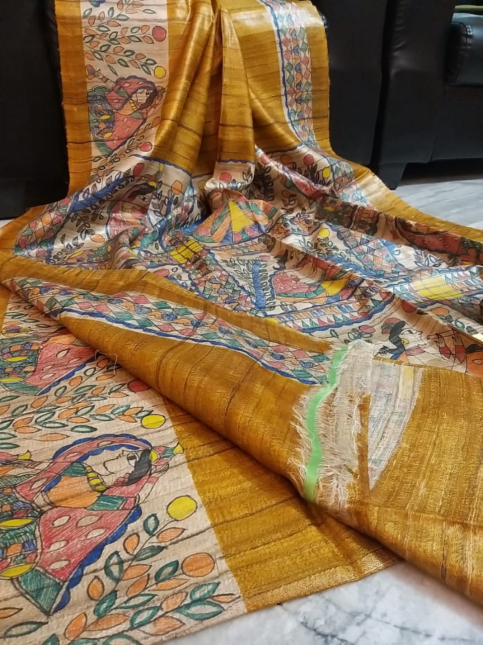 Cream & mehandi green colour TUSSAR Silk saree with hand paint floral motif  all over and small zari border & zari stripes pallu, contrast... | Instagram